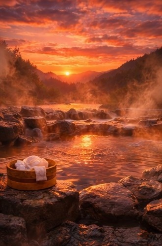 【動画素材】夕暮れの山奥の露天風呂｜癒し背景セット（30枚）｜YouTubeショート対応 Sunset Mountain Onsen Video Background Set｜Relaxing Japanese Hot Spring
