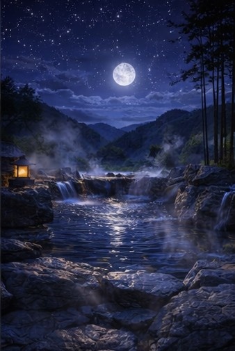 【背景素材】「配信背景」「ASMR」「癒し」夜の露天風呂|月明かりと湯けむり・和風AIイラスト