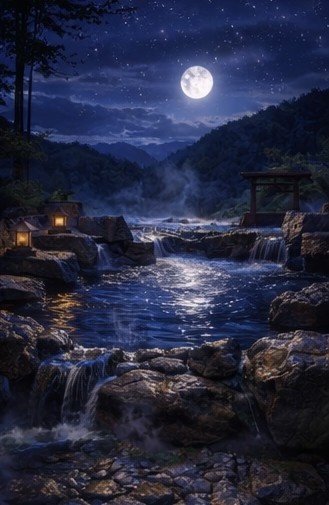 【背景素材】「配信背景」「ASMR」「癒し」夜の露天風呂|月明かりと湯けむり・和風AIイラスト