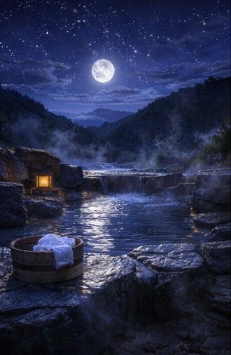 【背景素材】「配信背景」「ASMR」「癒し」夜の露天風呂|月明かりと湯けむり・和風AIイラスト