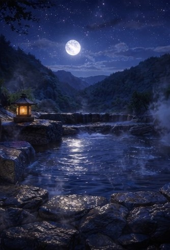 【背景素材】「配信背景」「ASMR」「癒し」夜の露天風呂|月明かりと湯けむり・和風AIイラスト