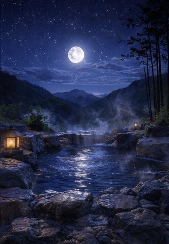 【背景素材】「配信背景」「ASMR」「癒し」夜の露天風呂|月明かりと湯けむり・和風AIイラスト
