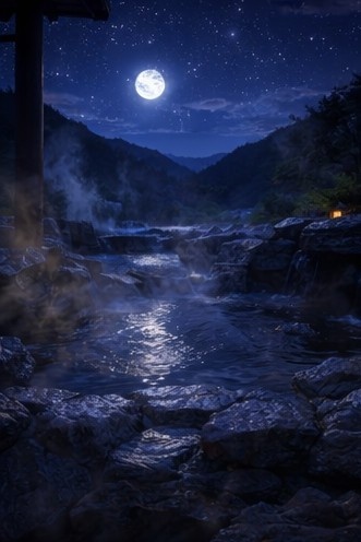 【背景素材】「配信背景」「ASMR」「癒し」夜の露天風呂|月明かりと湯けむり・和風AIイラスト