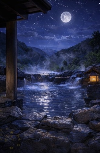 【背景素材】「配信背景」「ASMR」「癒し」夜の露天風呂|月明かりと湯けむり・和風AIイラスト