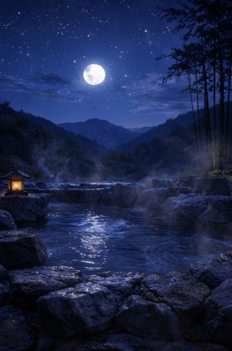 【背景素材】「配信背景」「ASMR」「癒し」夜の露天風呂|月明かりと湯けむり・和風AIイラスト