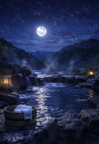 【背景素材】「配信背景」「ASMR」「癒し」夜の露天風呂|月明かりと湯けむり・和風AIイラスト