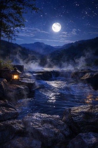 【背景素材】「配信背景」「ASMR」「癒し」夜の露天風呂|月明かりと湯けむり・和風AIイラスト