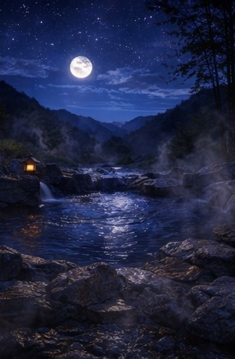 【背景素材】「配信背景」「ASMR」「癒し」夜の露天風呂|月明かりと湯けむり・和風AIイラスト