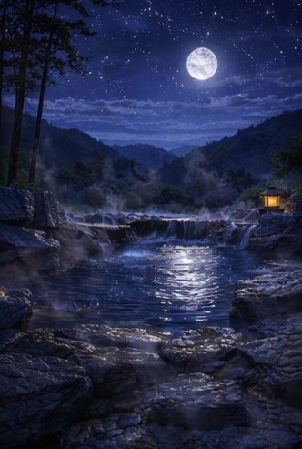 【背景素材】「配信背景」「ASMR」「癒し」夜の露天風呂|月明かりと湯けむり・和風AIイラスト