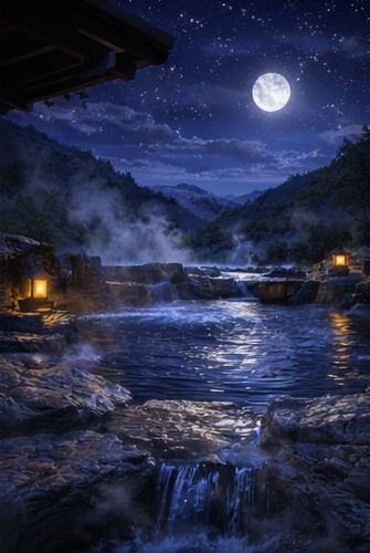 【背景素材】「配信背景」「ASMR」「癒し」夜の露天風呂|月明かりと湯けむり・和風AIイラスト