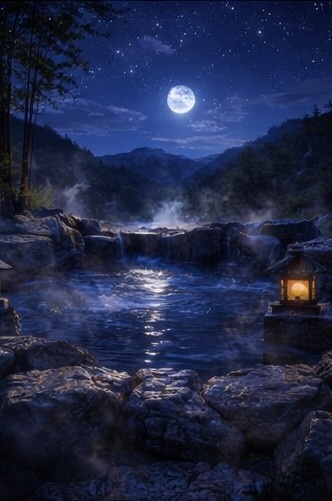 【背景素材】「配信背景」「ASMR」「癒し」夜の露天風呂|月明かりと湯けむり・和風AIイラスト