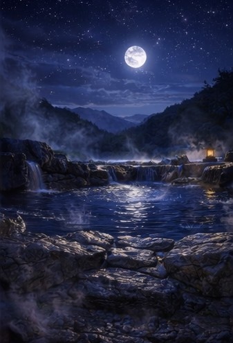 【背景素材】「配信背景」「ASMR」「癒し」夜の露天風呂|月明かりと湯けむり・和風AIイラスト