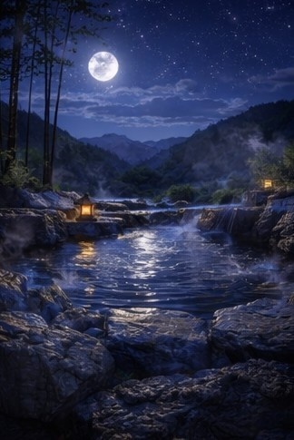 【背景素材】「配信背景」「ASMR」「癒し」夜の露天風呂|月明かりと湯けむり・和風AIイラスト