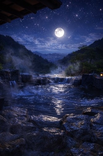 【背景素材】「配信背景」「ASMR」「癒し」夜の露天風呂|月明かりと湯けむり・和風AIイラスト