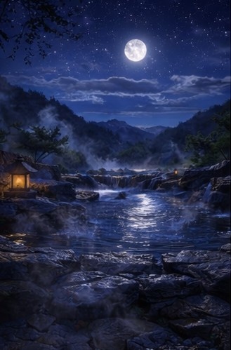 【背景素材】「配信背景」「ASMR」「癒し」夜の露天風呂|月明かりと湯けむり・和風AIイラスト