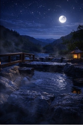 【背景素材】「配信背景」「ASMR」「癒し」夜の露天風呂|月明かりと湯けむり・和風AIイラスト