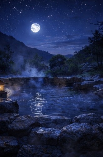【背景素材】「配信背景」「ASMR」「癒し」夜の露天風呂|月明かりと湯けむり・和風AIイラスト