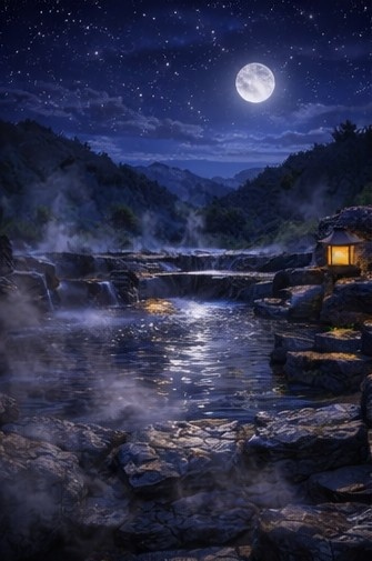 【背景素材】「配信背景」「ASMR」「癒し」夜の露天風呂|月明かりと湯けむり・和風AIイラスト