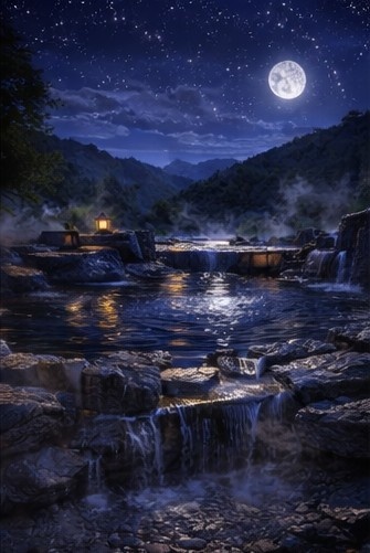 【背景素材】「配信背景」「ASMR」「癒し」夜の露天風呂|月明かりと湯けむり・和風AIイラスト