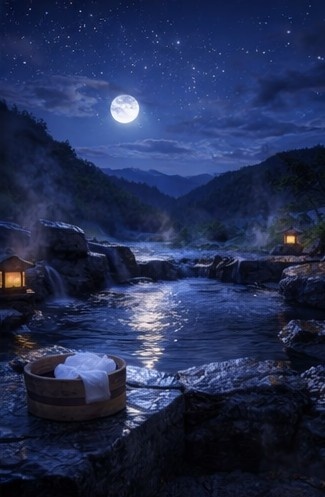 【背景素材】「配信背景」「ASMR」「癒し」夜の露天風呂|月明かりと湯けむり・和風AIイラスト