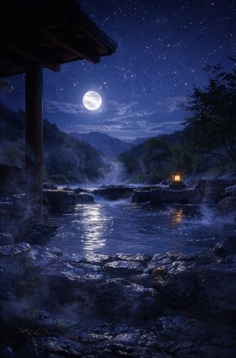 【背景素材】「配信背景」「ASMR」「癒し」夜の露天風呂|月明かりと湯けむり・和風AIイラスト