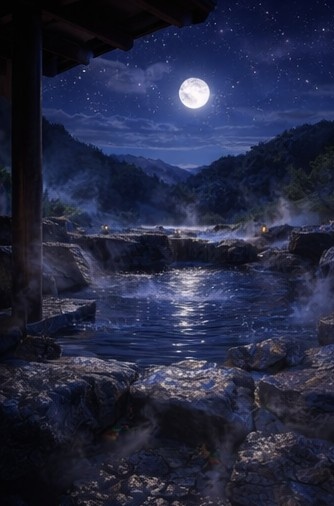 【背景素材】「配信背景」「ASMR」「癒し」夜の露天風呂|月明かりと湯けむり・和風AIイラスト