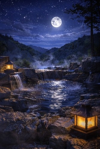 【背景素材】「配信背景」「ASMR」「癒し」夜の露天風呂|月明かりと湯けむり・和風AIイラスト