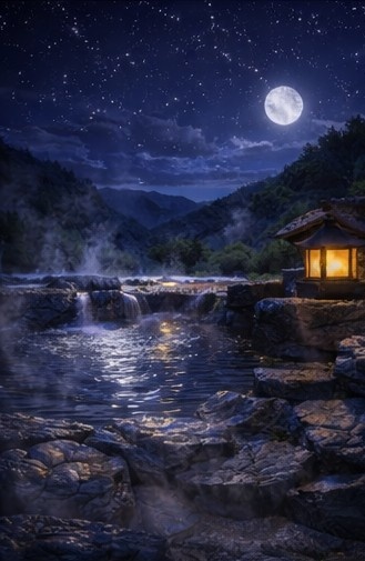 【背景素材】「配信背景」「ASMR」「癒し」夜の露天風呂|月明かりと湯けむり・和風AIイラスト