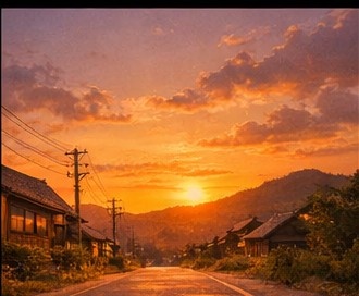 【AI背景】夕焼けの田舎道|癒し・ノスタルジー風景素材(配信・動画向け)