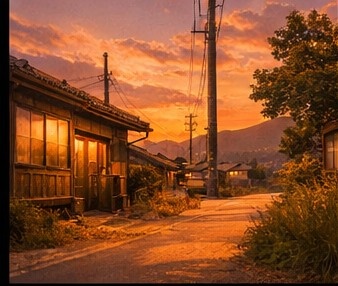 【AI背景】夕焼けの田舎道|癒し・ノスタルジー風景素材(配信・動画向け)