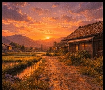 【AI背景】夕焼けの田舎道|癒し・ノスタルジー風景素材(配信・動画向け)