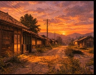 【AI背景】夕焼けの田舎道|癒し・ノスタルジー風景素材(配信・動画向け)