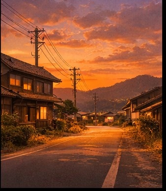 【AI背景】夕焼けの田舎道|癒し・ノスタルジー風景素材(配信・動画向け)