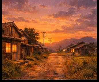 【AI背景】夕焼けの田舎道|癒し・ノスタルジー風景素材(配信・動画向け)