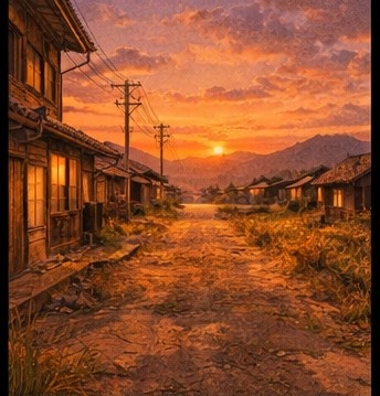 【AI背景】夕焼けの田舎道|癒し・ノスタルジー風景素材(配信・動画向け)
