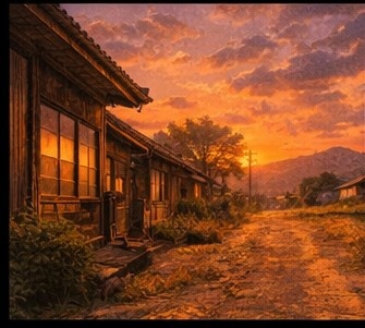 【AI背景】夕焼けの田舎道|癒し・ノスタルジー風景素材(配信・動画向け)