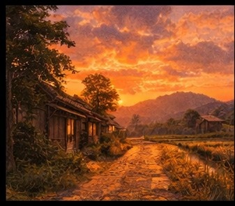 【AI背景】夕焼けの田舎道|癒し・ノスタルジー風景素材(配信・動画向け)