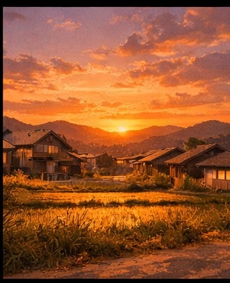 【AI背景】夕焼けの田舎道|癒し・ノスタルジー風景素材(配信・動画向け)