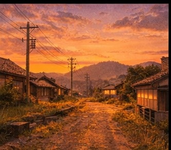 【AI背景】夕焼けの田舎道|癒し・ノスタルジー風景素材(配信・動画向け)