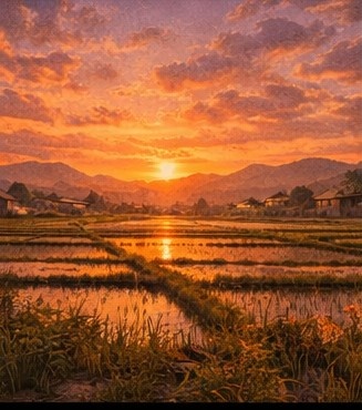 【AI背景】夕焼けの田舎道|癒し・ノスタルジー風景素材(配信・動画向け)