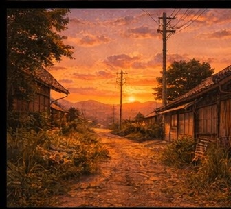 【AI背景】夕焼けの田舎道|癒し・ノスタルジー風景素材(配信・動画向け)