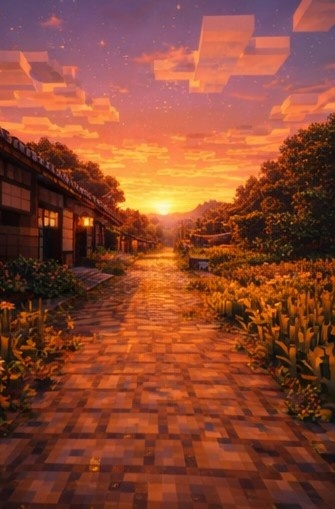 【夕】マイクラ風 田舎背景素材|やさしい夕空とノスタルジー|全18枚