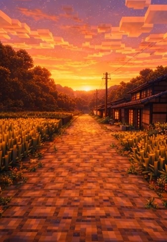 【夕】マイクラ風 田舎背景素材|やさしい夕空とノスタルジー|全18枚