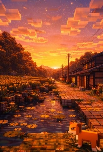 【夕】マイクラ風 田舎背景素材|やさしい夕空とノスタルジー|全18枚