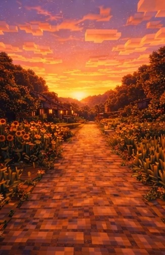 【夕】マイクラ風 田舎背景素材|やさしい夕空とノスタルジー|全18枚