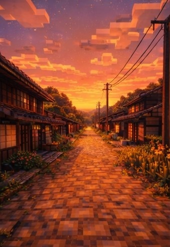 【夕】マイクラ風 田舎背景素材|やさしい夕空とノスタルジー|全18枚