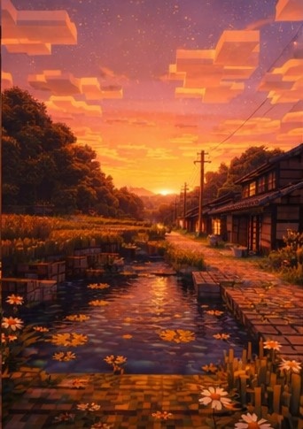 【夕】マイクラ風 田舎背景素材|やさしい夕空とノスタルジー|全18枚