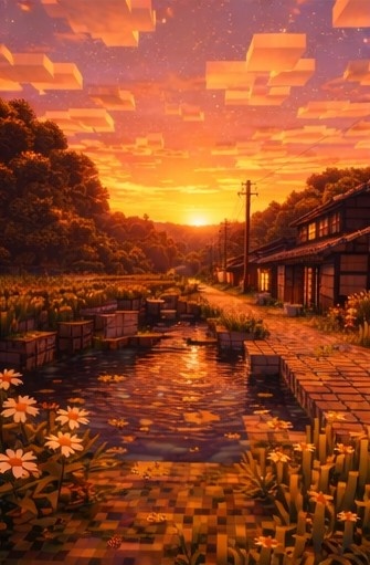 【夕】マイクラ風 田舎背景素材|やさしい夕空とノスタルジー|全18枚