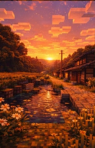 【夕】マイクラ風 田舎背景素材|やさしい夕空とノスタルジー|全18枚