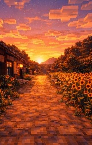 【夕】マイクラ風 田舎背景素材|やさしい夕空とノスタルジー|全18枚